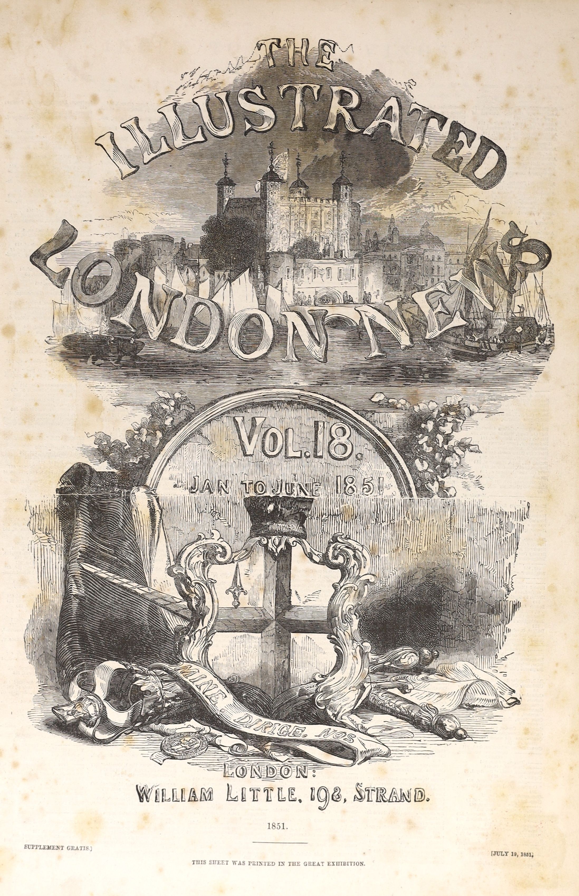 The Illustrated London News, vols 18-21, (Jan. - June, 1851, and July - Dec. 1852) bound in 2, folio, publisher’s cloth gilt, contents include The Great Exhibition at Crystal Palace, London, 1851-52